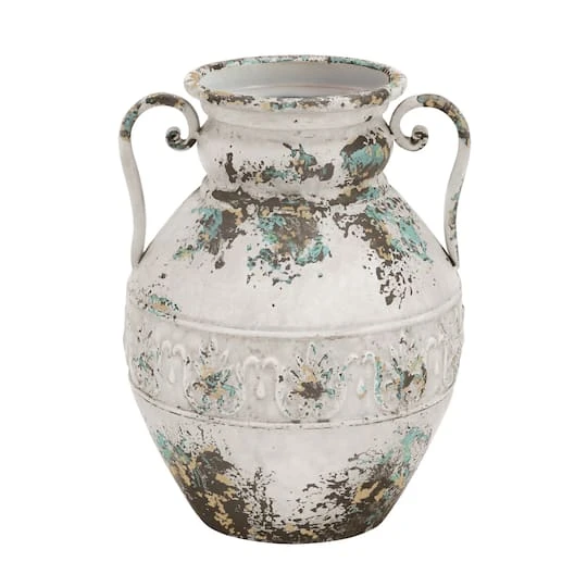 White Metal Vintage Vase, 15" X 12" X 12" 4 White Metal Vintage Vase, 15" X 12" X 12" - Image 2