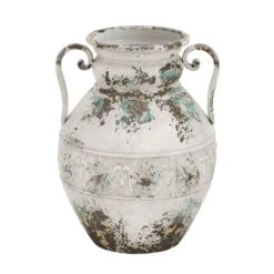 White Metal Vintage Vase, 15" X 12" X 12"