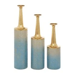 Set Of 3 Blue Metal Coastal Style Vase, 27", 24", 20"