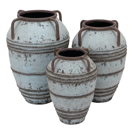 Set Of 3 Blue Metal Rustic Vase, 26", 23", 19" 4 Set Of 3 Blue Metal Rustic Vase, 26", 23", 19" - Image 2