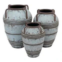 Set Of 3 Blue Metal Rustic Vase, 26", 23", 19"