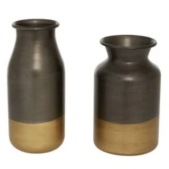 Set Of 2 Gold Metal Contemporary Vase, 8", 9.25"