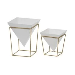 CosmoLiving By Cosmopolitan Set Of 2 White Metal Contemporary Planter, 10", 15" -Flowers Michael Store D501333S 2