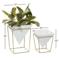 CosmoLiving By Cosmopolitan Set Of 2 White Metal Contemporary Planter, 10", 15" -Flowers Michael Store D501333S 5
