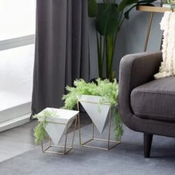 CosmoLiving By Cosmopolitan Set Of 2 White Metal Contemporary Planter, 10", 15" -Flowers Michael Store D501333S 6