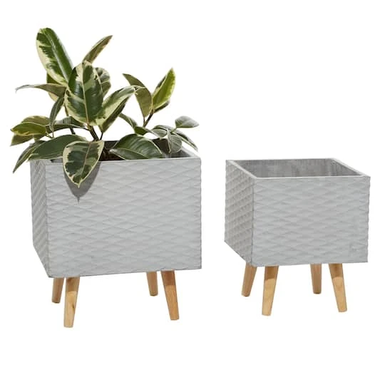 Set Of 2 Grey Polystone Contemporary Planter, 15", 17" 4 Set Of 2 Grey Polystone Contemporary Planter, 15", 17" - Image 2