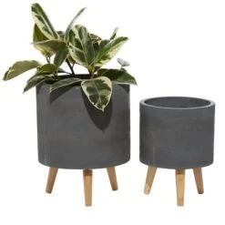 Set Of 2 Grey Polystone Contemporary Planter, 13" 16"