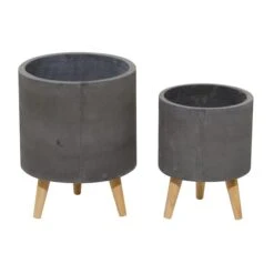 Set Of 2 Grey Polystone Contemporary Planter, 13" 16" -Flowers Michael Store D501358S 2