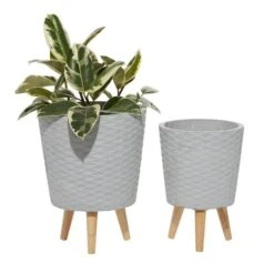 Set Of 2 Grey Polystone Contemporary Planter, 14", 16"