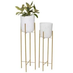Set Of 2 Gold Metal Contemporary Planter, 39", 46"