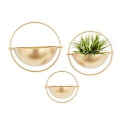 Set Of 3 Gold Iron Contemporary Planter, 15",13", 10"