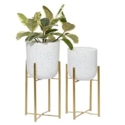 Set Of 2 White Metal Contemporary Planter, 20", 22"