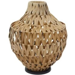 Brown Plastic Rattan Handmade Woven Vase With Black Metal Base 14" X 14" X 17" -Flowers Michael Store D502653S 2
