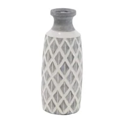 Coastal Gray And White Ceramic Jar Vase With Criss Cross Pattern, 16" X 6" X 6" -Flowers Michael Store D502666S 1 1