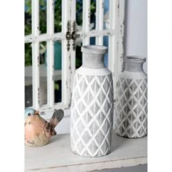 Coastal Gray And White Ceramic Jar Vase With Criss Cross Pattern, 16" X 6" X 6" -Flowers Michael Store D502666S 6