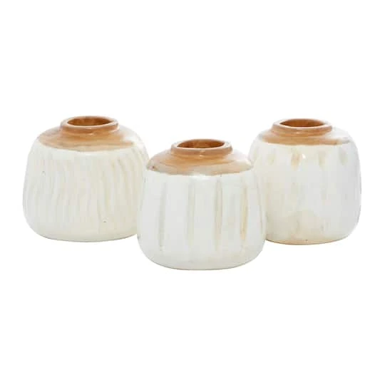 Set Of 3 White Teak Wood Coastal Style Vase 6", 7" 4 Set Of 3 White Teak Wood Coastal Style Vase 6", 7" - Image 2