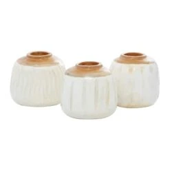 Set Of 3 White Teak Wood Coastal Style Vase 6", 7"