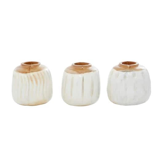 Set Of 3 White Teak Wood Coastal Style Vase 6", 7" 5 Set Of 3 White Teak Wood Coastal Style Vase 6", 7" - Image 3