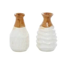 Set Of 2 White Teak Wood Coastal Style Vase 6", 10" -Flowers Michael Store D502668S 2