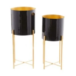 CosmoLiving By Cosmopolitan Set Of 2 Black Iron Contemporary Planter, 24" X 10" X 10"