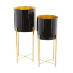 CosmoLiving By Cosmopolitan Set Of 2 Black Iron Contemporary Planter, 24" X 10" X 10" -Flowers Michael Store D508344S 2