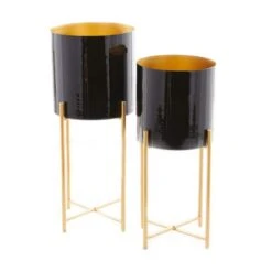 CosmoLiving By Cosmopolitan Set Of 2 Black Iron Contemporary Planter, 24" X 10" X 10" -Flowers Michael Store D508344S 3