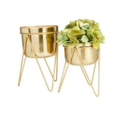 Set Of 2 Gold Iron Modern Planter, 10" X 7" X 7" -Flowers Michael Store D508348S 2