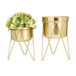 Set Of 2 Gold Iron Modern Planter, 10" X 7" X 7" -Flowers Michael Store D508348S 5