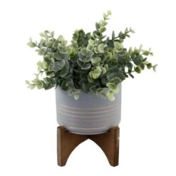 Flora Bunda® 11.5" Gray Eucalyptus In Ceramic Pot On Wood Stand