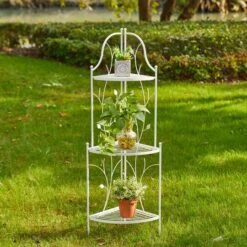 Glitzhome® 3-Tiered Metal Corner Shelf Planter Stand White -Flowers Michael Store D583517S 2