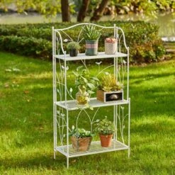 Glitzhome® Rectangular 3-Tiered Metal Shelf Planter Stand White -Flowers Michael Store D583518S 2