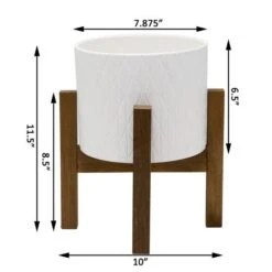 Flora Bunda 8" Matte White Diamond Ceramic Pot On Wood Stand -Flowers Michael Store D600011S 2