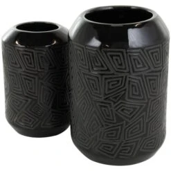 Black Ceramic Vase With Geometric Etchings Set -Flowers Michael Store D758432S 5