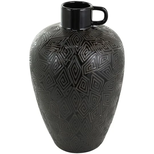 19" Black Ceramic Vase With Geometric Etchings 3 19" Black Ceramic Vase With Geometric Etchings