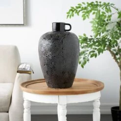19" Black Ceramic Vase With Geometric Etchings 12 19" Black Ceramic Vase With Geometric Etchings -Flowers Michael Store D758519S 10