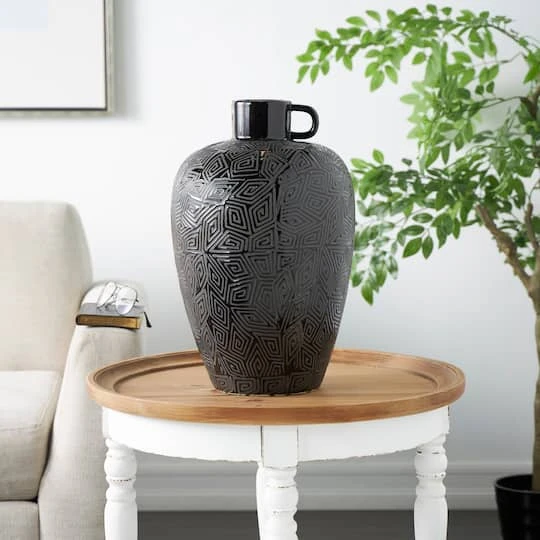 19" Black Ceramic Vase With Geometric Etchings 5 19" Black Ceramic Vase With Geometric Etchings - Image 3
