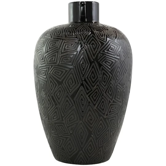 19" Black Ceramic Vase With Geometric Etchings 6 19" Black Ceramic Vase With Geometric Etchings - Image 4