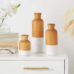 Brown Wood Colorblock Vase With White Bases Set -Flowers Michael Store D760418S 11