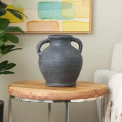 10.5" Black Ceramic Textured Whitewashed Vase With Handles -Flowers Michael Store D760419S 10