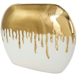 CosmoLiving By Cosmopolitan 16" White Ceramic Vase With Abstract Gold Melting Drips -Flowers Michael Store D760438S 2