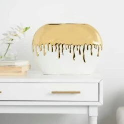 CosmoLiving By Cosmopolitan 16" White Ceramic Vase With Abstract Gold Melting Drips -Flowers Michael Store D760438S 9