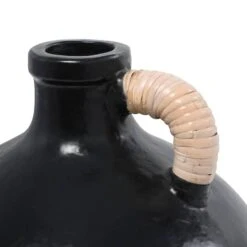 13" Black Ceramic Jug Inspired Vase With Rattan Wrapped Handle -Flowers Michael Store D760439S 3