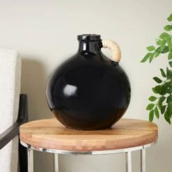 13" Black Ceramic Jug Inspired Vase With Rattan Wrapped Handle -Flowers Michael Store D760439S 6