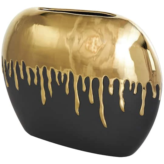 CosmoLiving By Cosmopolitan 11" Black Ceramic Vase With Abstract Gold Melting Drips 4 CosmoLiving By Cosmopolitan 11" Black Ceramic Vase With Abstract Gold Melting Drips - Image 2