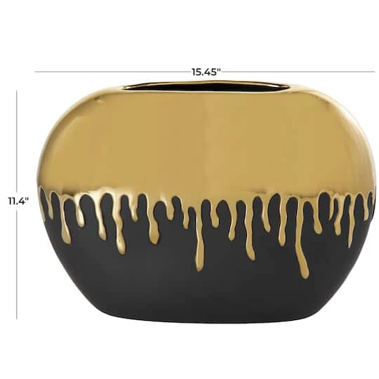 CosmoLiving By Cosmopolitan 11" Black Ceramic Vase With Abstract Gold Melting Drips 8 CosmoLiving By Cosmopolitan 11" Black Ceramic Vase With Abstract Gold Melting Drips - Image 6
