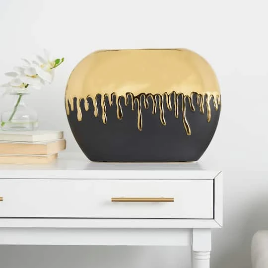 CosmoLiving By Cosmopolitan 11" Black Ceramic Vase With Abstract Gold Melting Drips 3 CosmoLiving By Cosmopolitan 11" Black Ceramic Vase With Abstract Gold Melting Drips