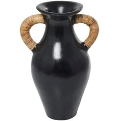 21" Black Ceramic Jug With Rattan Wrapped Handles