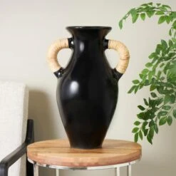 21" Black Ceramic Jug With Rattan Wrapped Handles -Flowers Michael Store D760495S 6